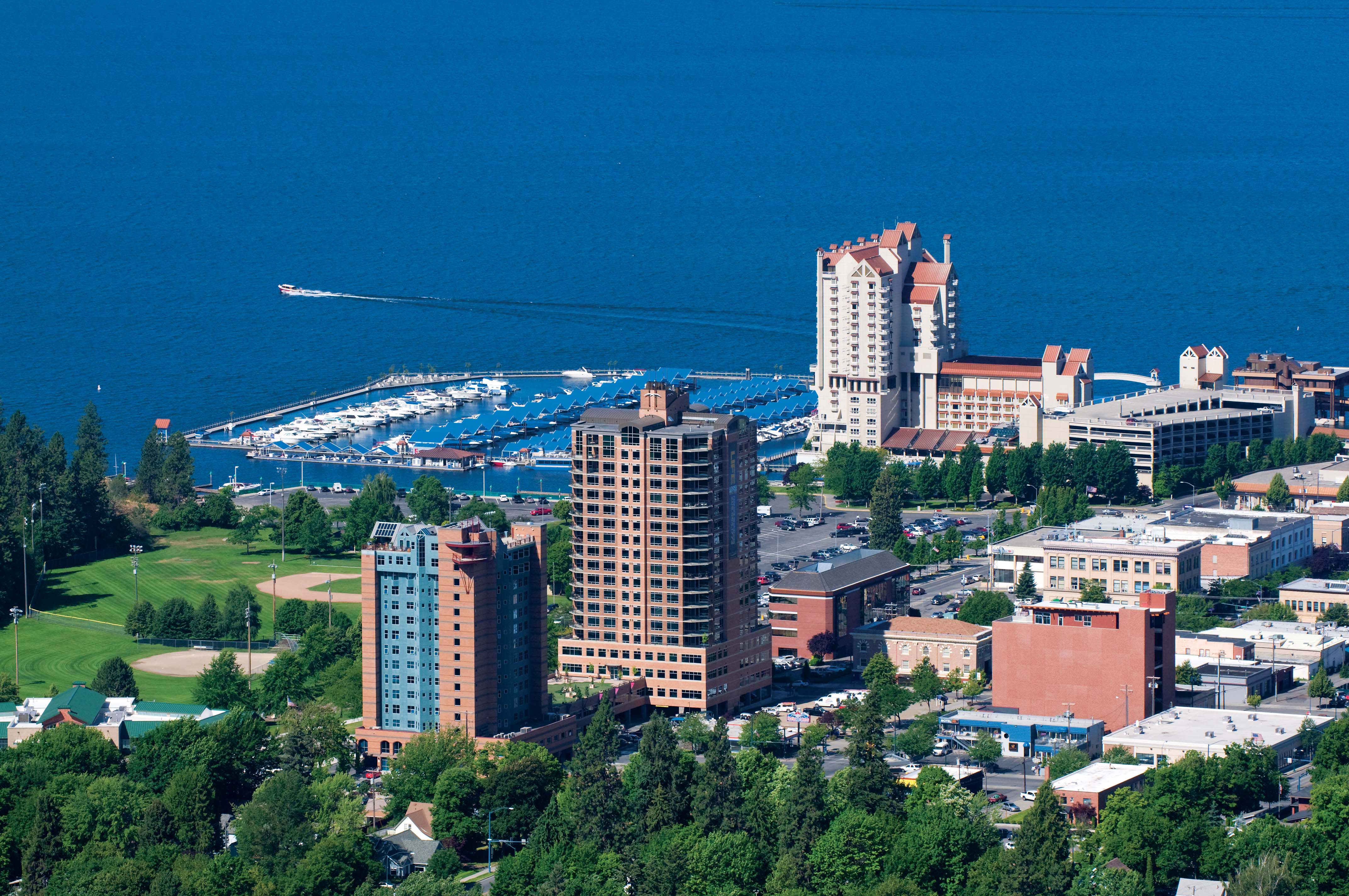 Downtown Coeur d'Alene waterfront with resort and Lake CDA